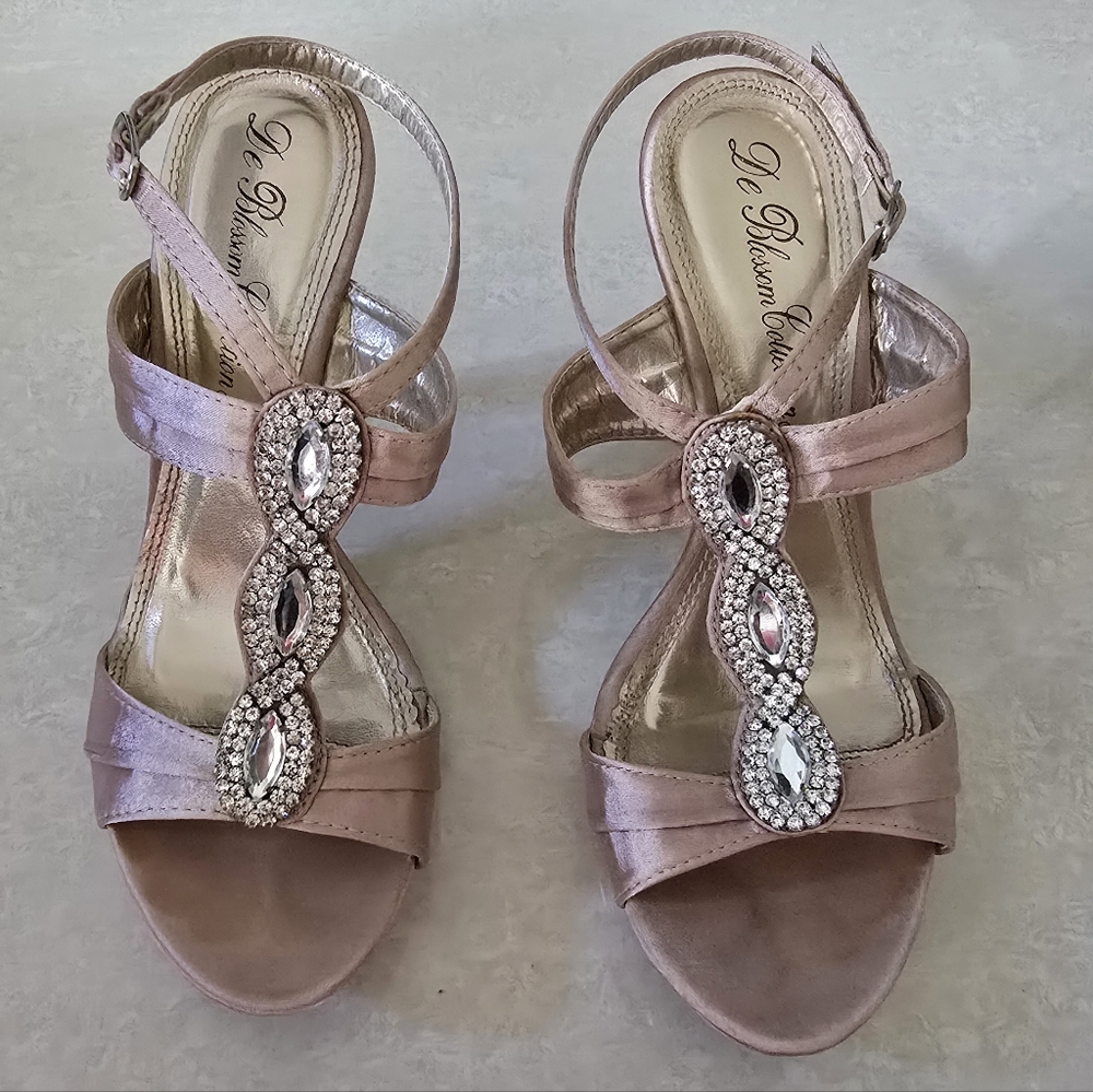 De Blossom Collection Jeweled Dress Sandals - Nude Satin - Size 8
